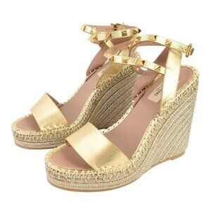 VALENTINO GARAVANI Gold Rockstar Stud Leather Espadrille Wedge Sandals 37 7 NEW